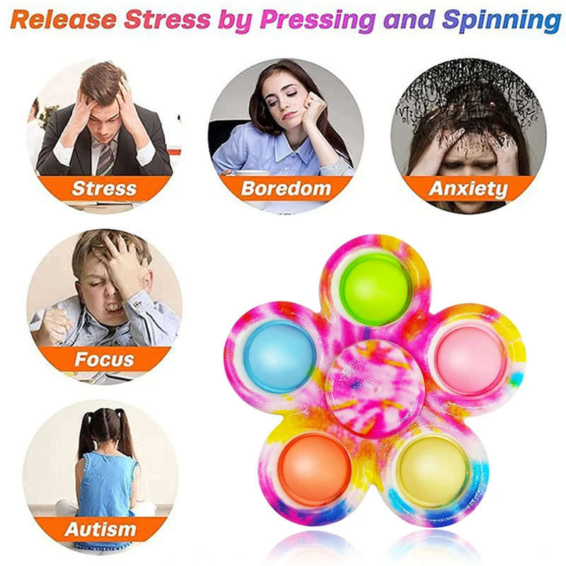 Mainan Jari Pop Spinner Fidget Sederhana Pewarna Dasi Spinner Tangan Gelembung Tekan untuk ADHD Gif Sensorik Penghilang Stres Kecemasan untuk Anak-anak