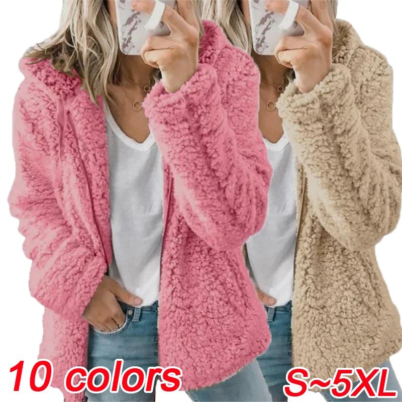 

Women's loose fitting long sleeved hooded fleece jacket with zippered lapel for warmth, fashionable women's top (S-5XL)