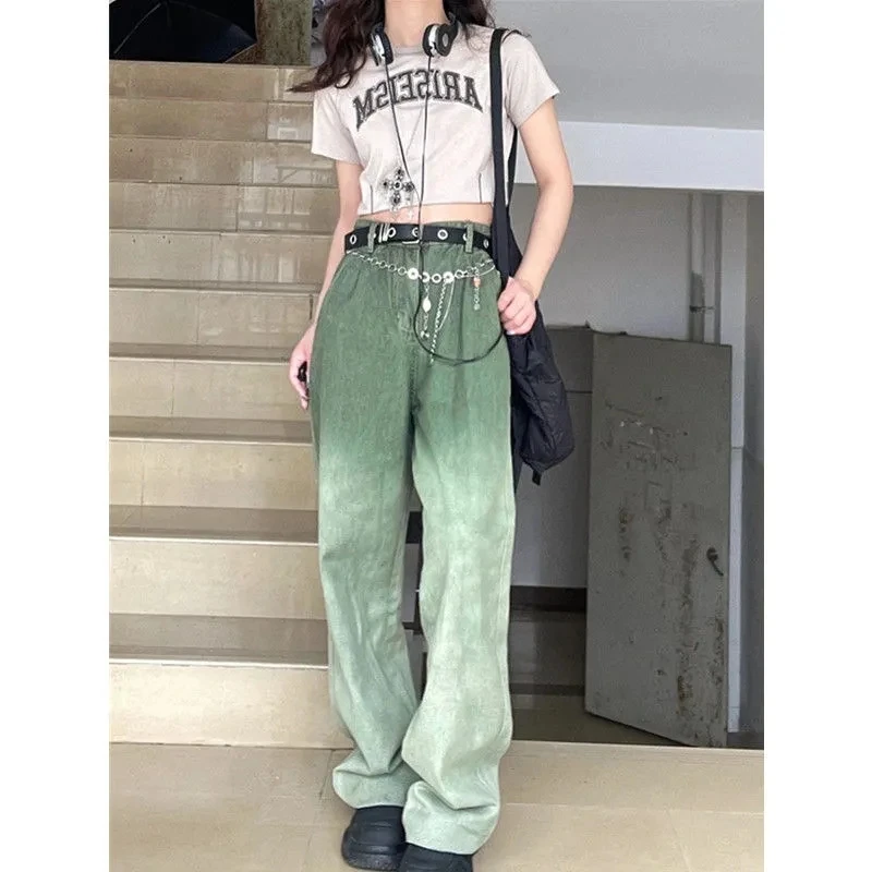 Jeans Women Spring Autumn 2024 New Large Size Washed Gradient Color Trousers Fashion Casual High Waist Wide Leg Pants Womens