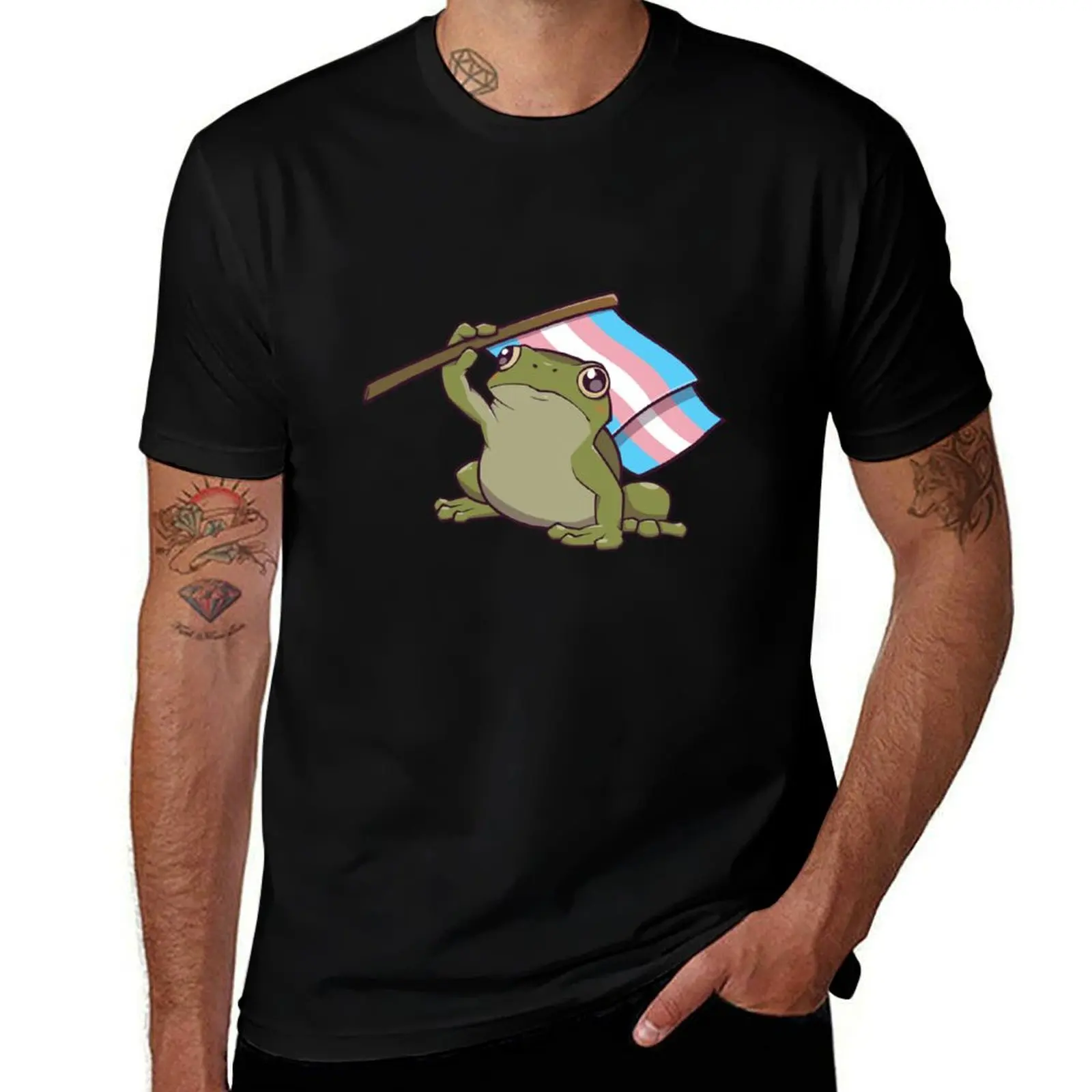 

Transgender Pride Flag-Holding Frog T-Shirt man t shirts graphic cotton tshirt 100%