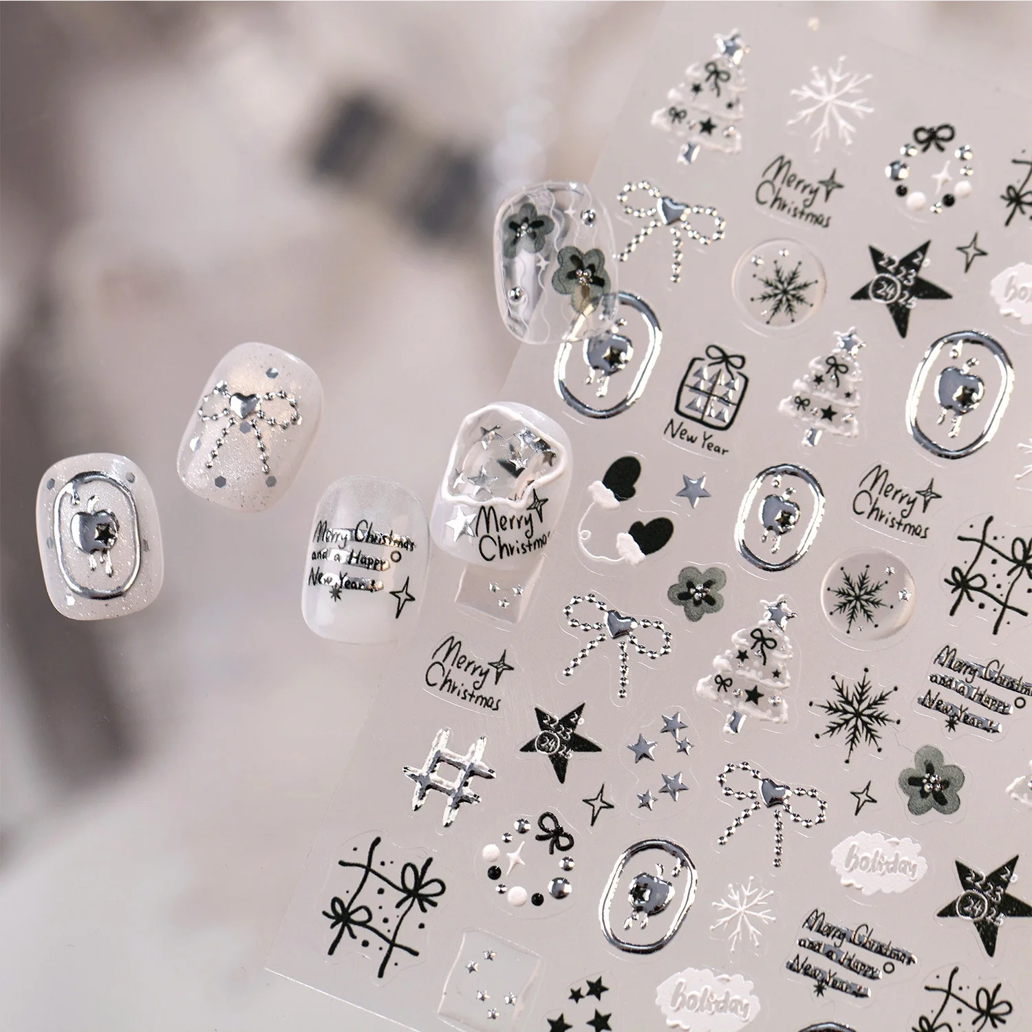 クリスマスシルバーメタルパインツリースノーフレークボウペンタ - Nail Art Xmas Tree のレビューと価格