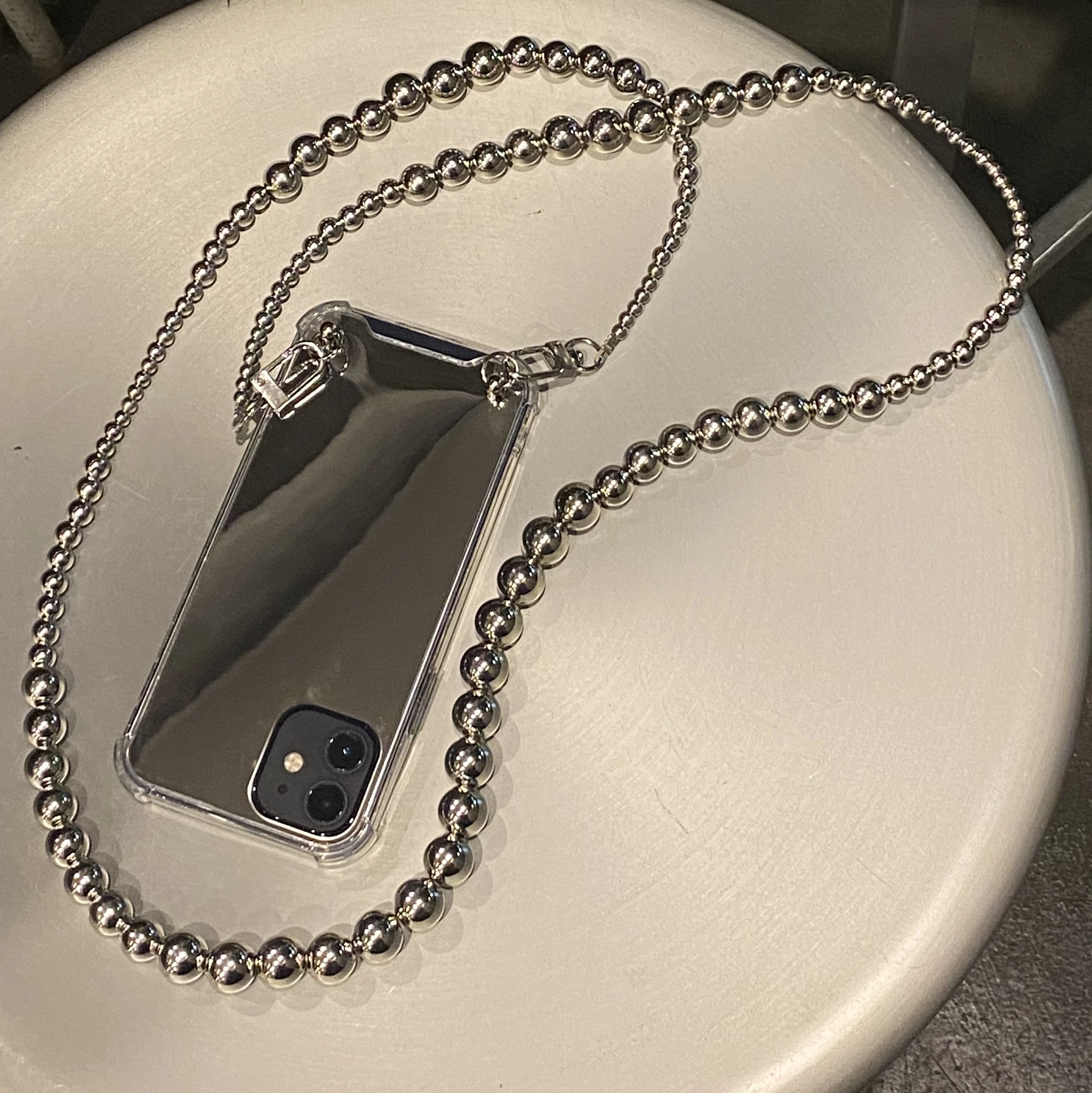 Silver Beads Chain Lanyard Mirror Shockproof Case For iPhone 11 12 13 14 15 Pro Max XR X XS 7 8 Plus Cover