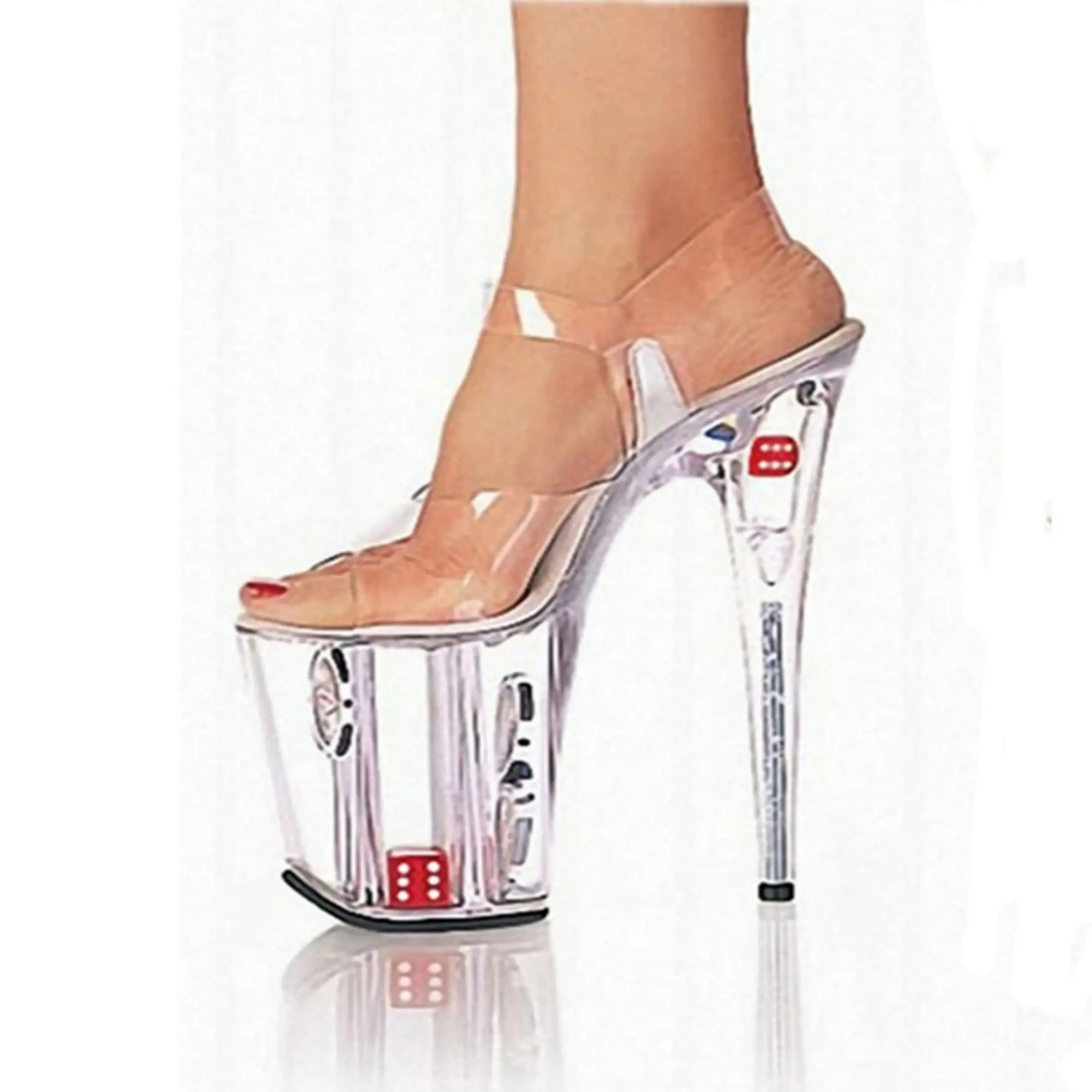 

Казиновые каблуки 20 см — прозрачная чип-платформа и светящиеся игральные кости | Пяточный сердечник из титанового сплава + противоскользящая кровевая основа