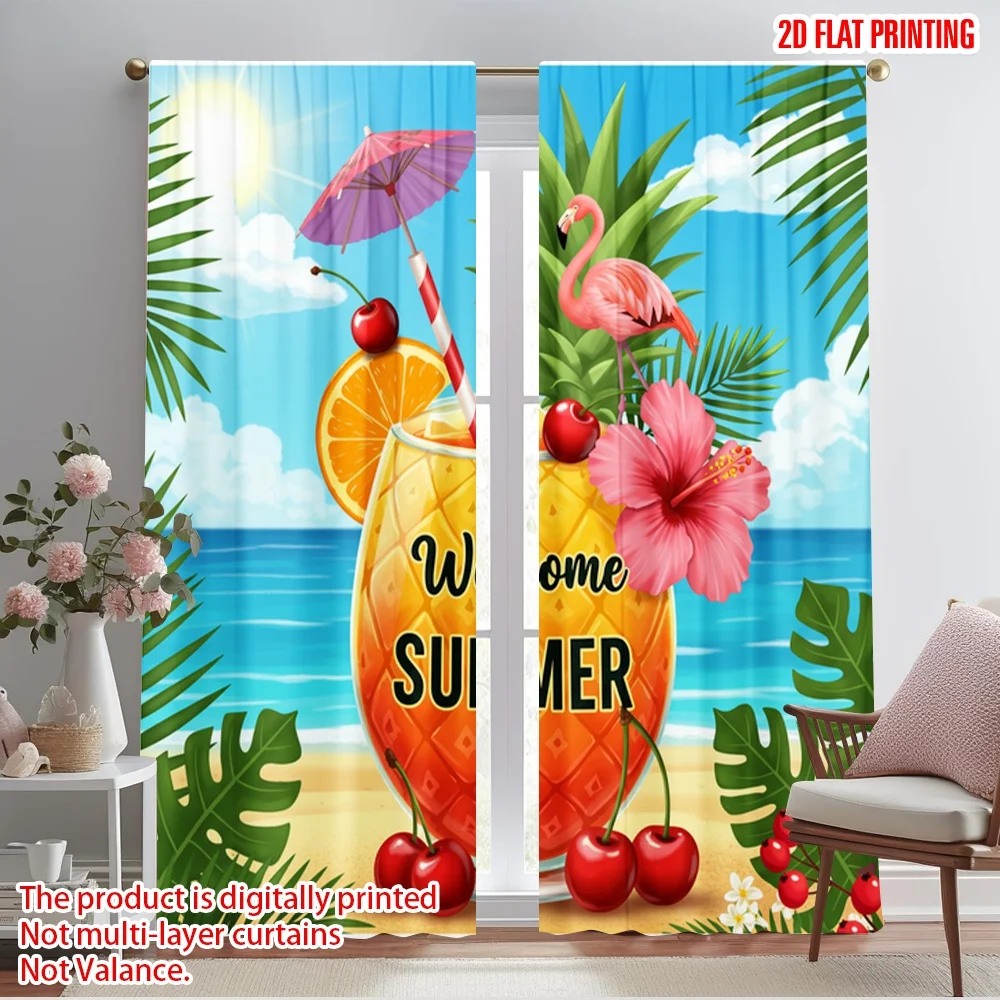 

2pcs 2D flat printing Party Curtains Welcome Summer Tropical Drink Polyester Without Electricity Festive Holiday Use for Home