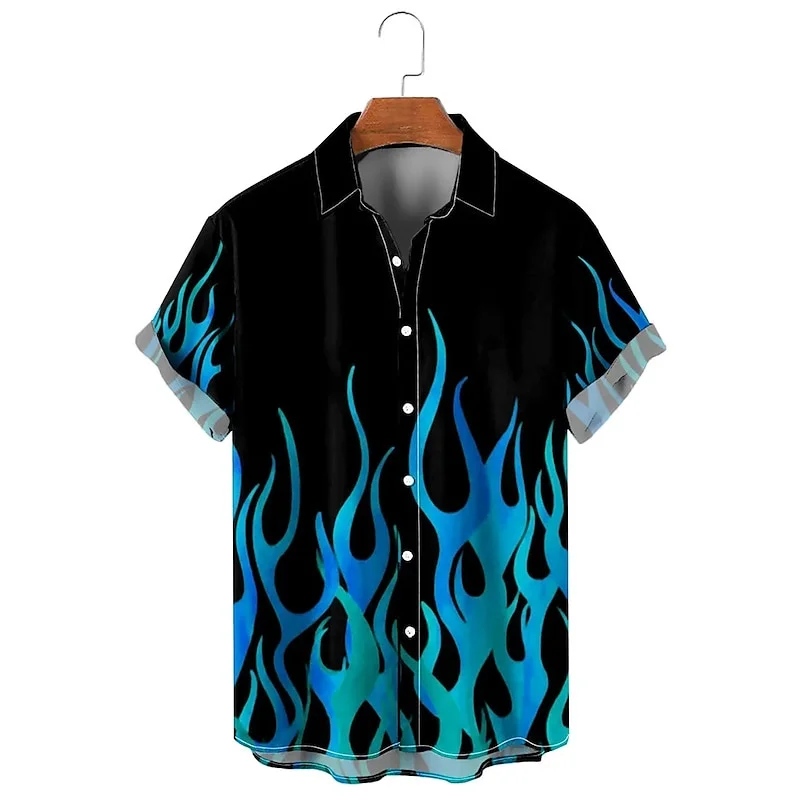 Men's shirt with gradient flame pattern, printed short sleeved clothing suitable for daily outings, V-neck fashion designer, cas