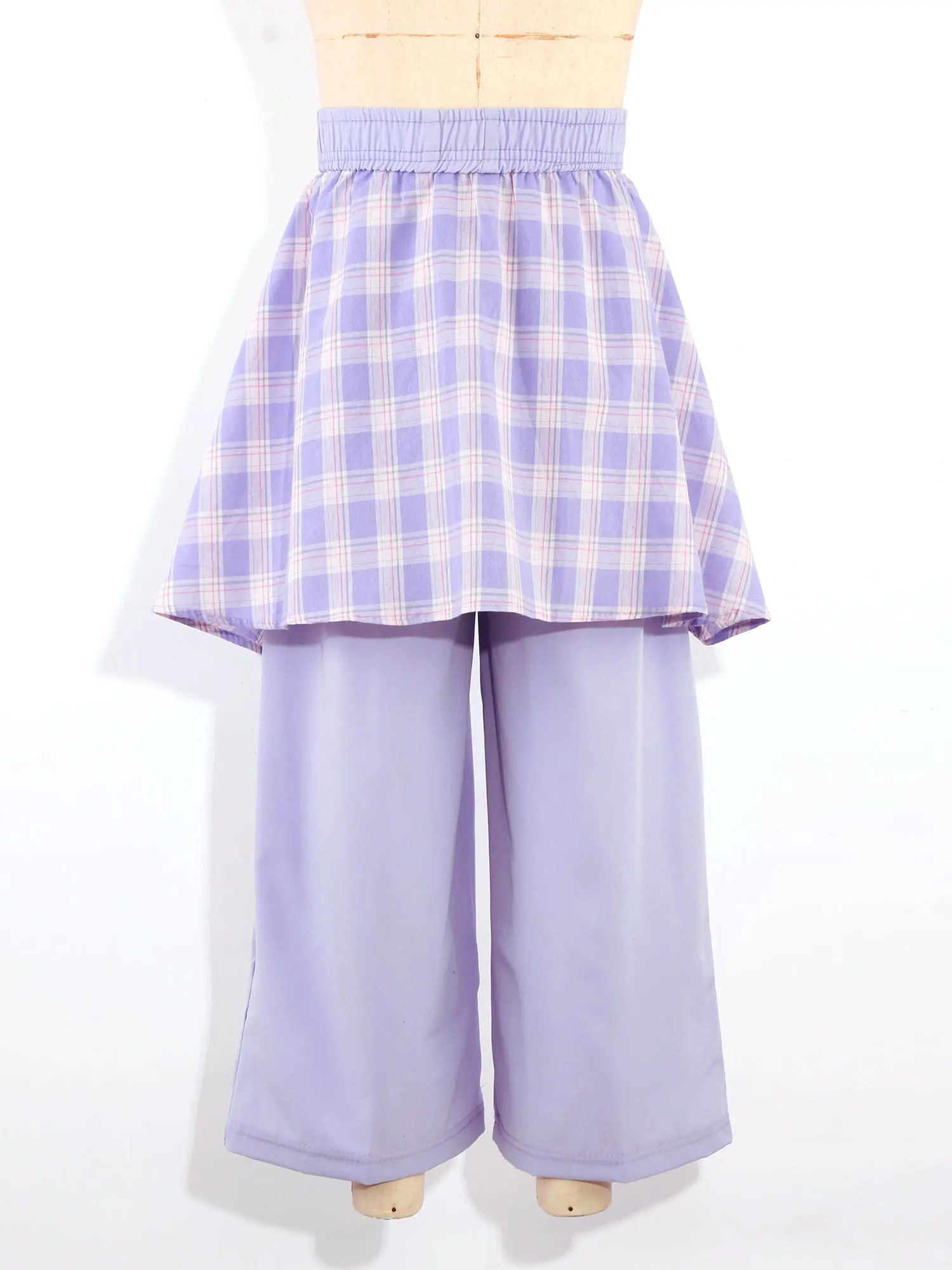 Pantaloni a gamba larga in seta ghiaccio a quadri con effetto due pezzi per ragazze, con elastico in vita, ideali per tutti i giorni, scuola, casual, street style, estate