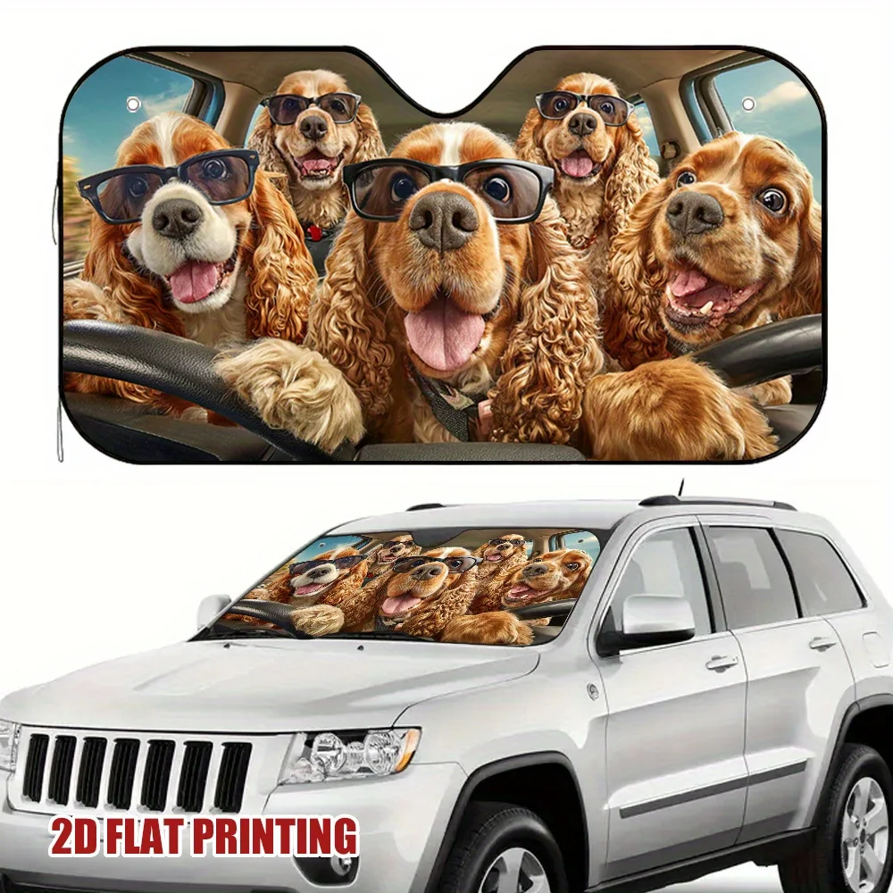 

1 шт. Забавный автомобильный солнцезащитный козырек Spaniels Road Trip — 2D плоская печать, стильный дизайн с несколькими щенками в очках, подходит для большинства автомобилей