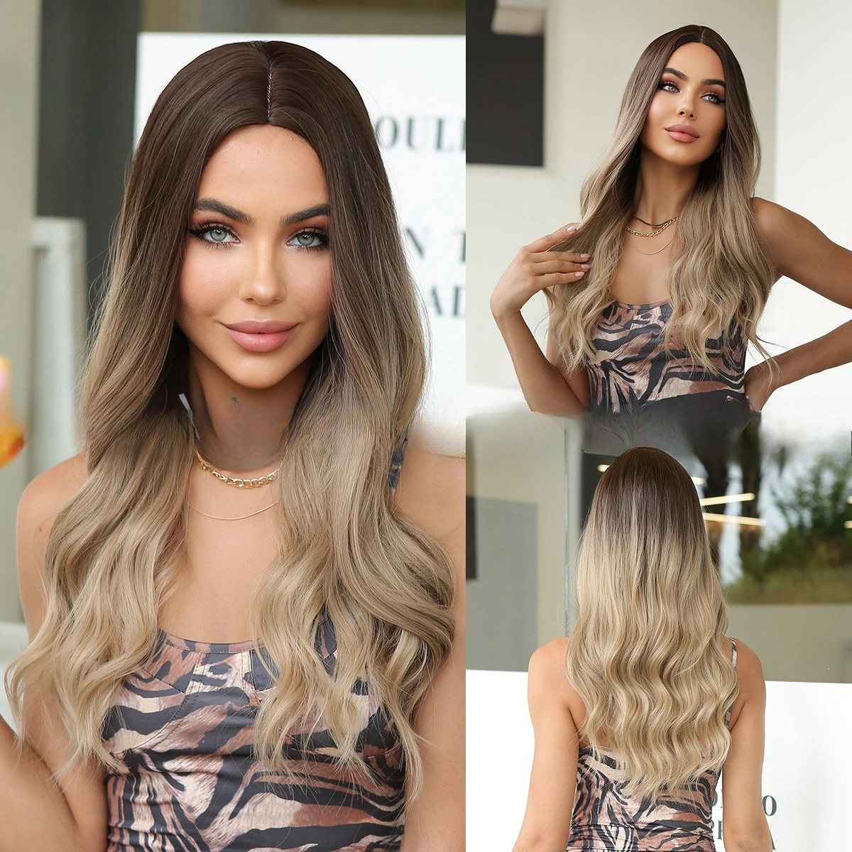 

Wig dyeing gradual change water ripple long curly hair fashion medium wig headgear tan wig