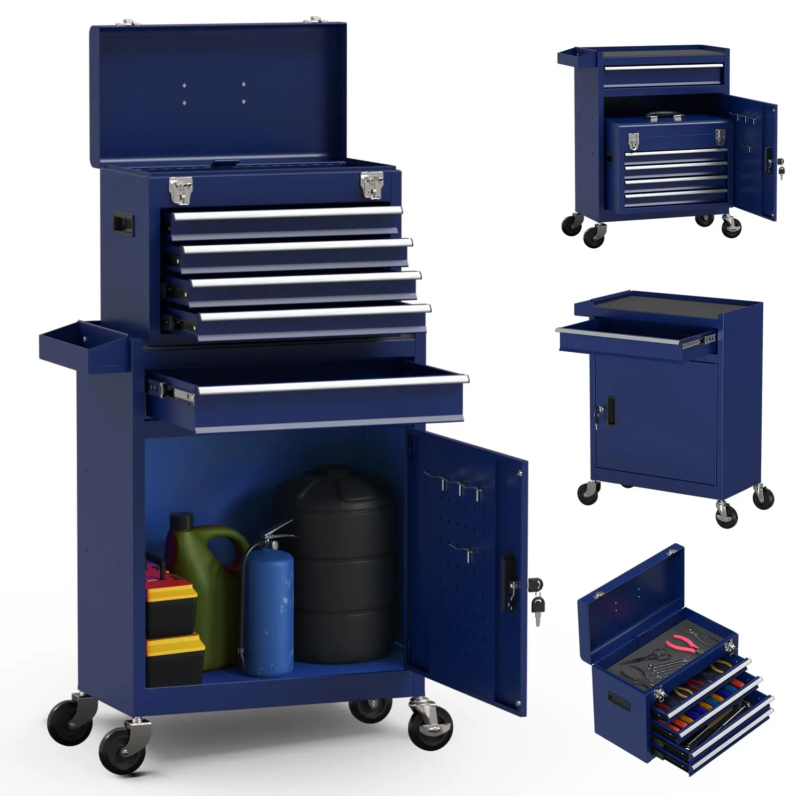 5-Drawer High Capacity Rolling Tool Box, Removable Cabinet Storage Tool Chest with Wheels and Drawers, Detachable