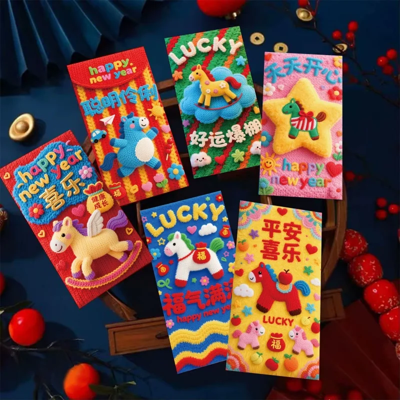 Красный конверт с 3D вышивкой пони, прямоугольный утолщенный весенний фестиваль, красный пакет с мультяшным узором, милый HongBao на день рождения