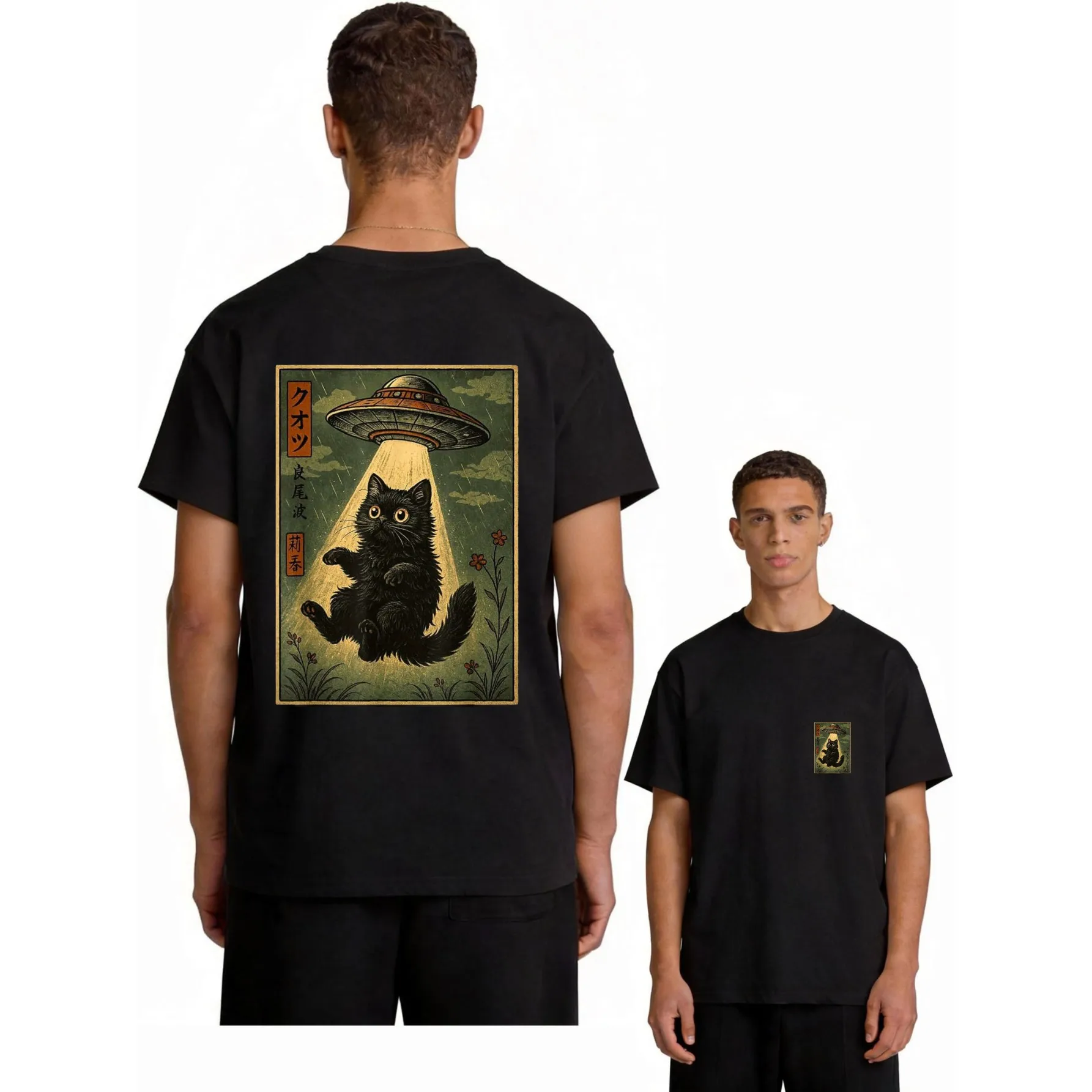 UFO Abduction Black Cat Graphic Tee Retro Japanese Art Print Casual T-Shirt Unisex