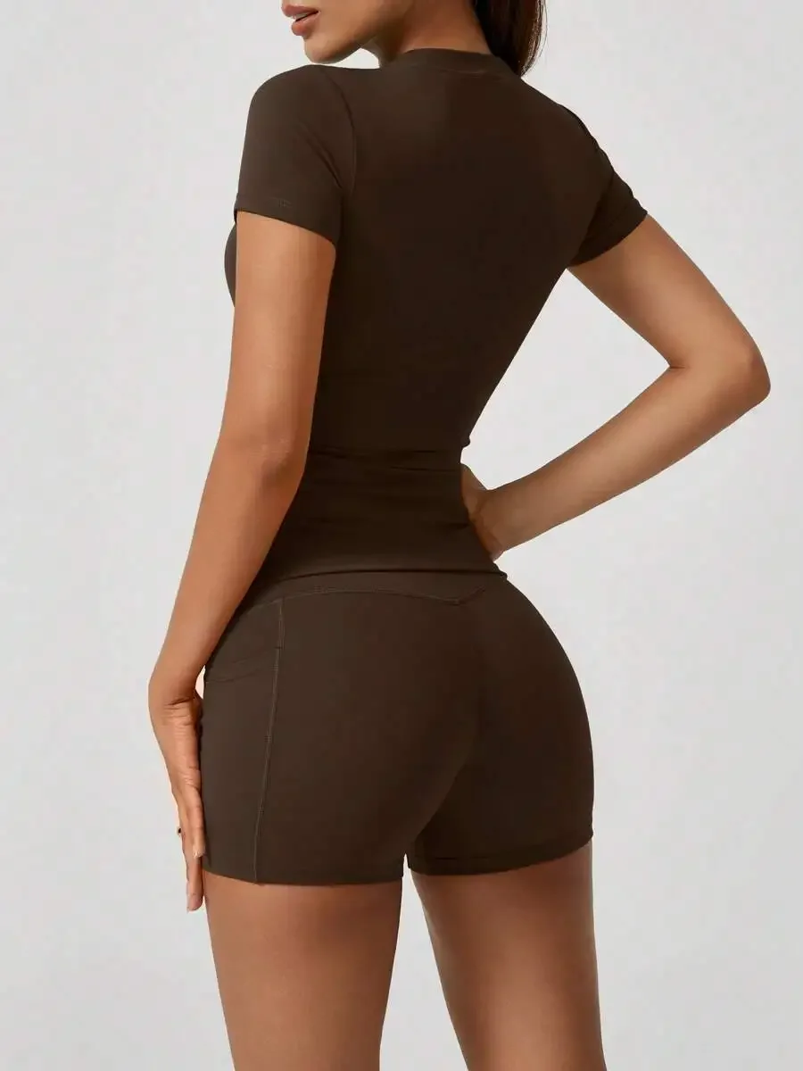 Women's Sweet Sports Short Sleeve High Waist Tummy Control Butt Lifting Shorts Set