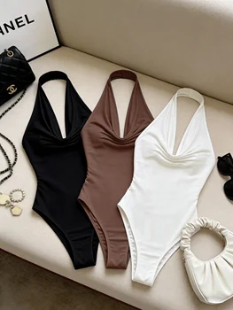 Women 3PCS Halter Cowl Neck Bodysuit Set Sleeveless Deep V Backless Slim Bodycon Basic Jumpsuit Casual Daily Ladies Body Suit Ou