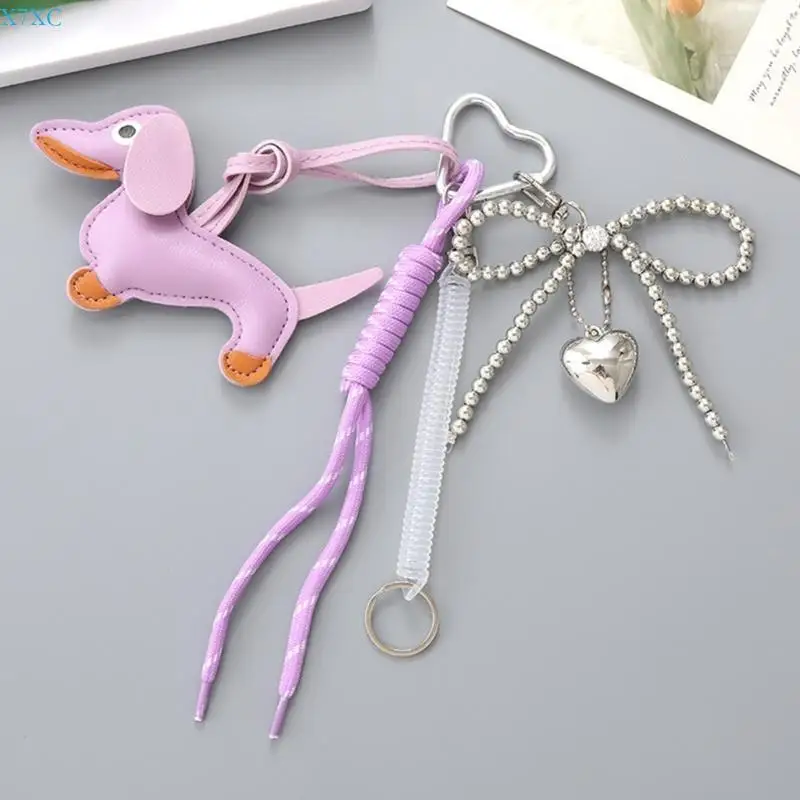 X7XC Sausage Dog Keychain Bows ยนต์เครื่องประดับเครื่องประดับกระเป๋า Charm