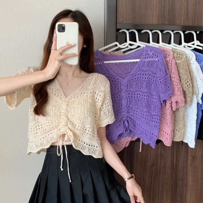 Summer Women Hollow Out Knitted Pullovers Thin V-Neck Drawstring Sweater Ladies Short Sleeve Bottoming Knitwear Short Tops