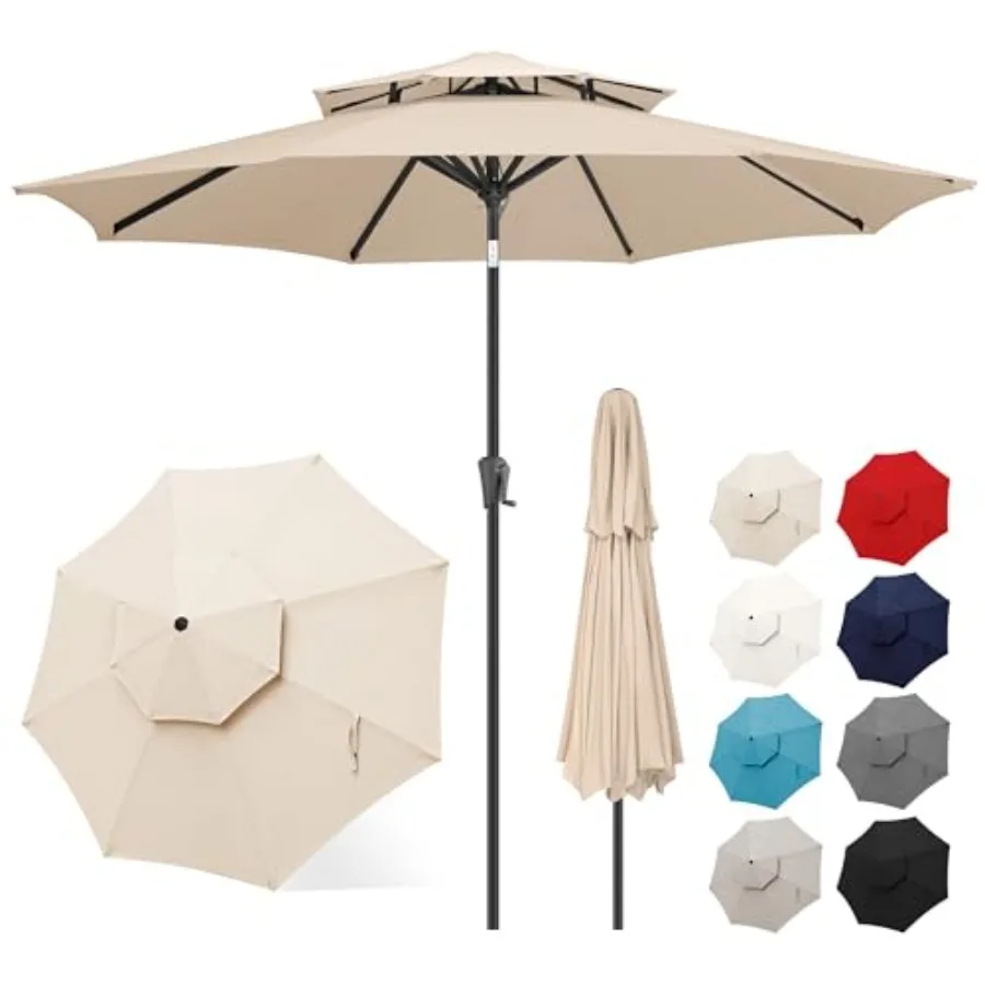 

9ft Patio Umbrella - 2-Tier Outdoor UV Protection Umbrella for Garden Deck Backyard Pool Beach Beige Polyester with Push Button