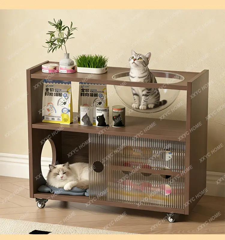 

A few removable cat litters next to the space capsule, shared cat climbing frame storage cabinet for people and pets