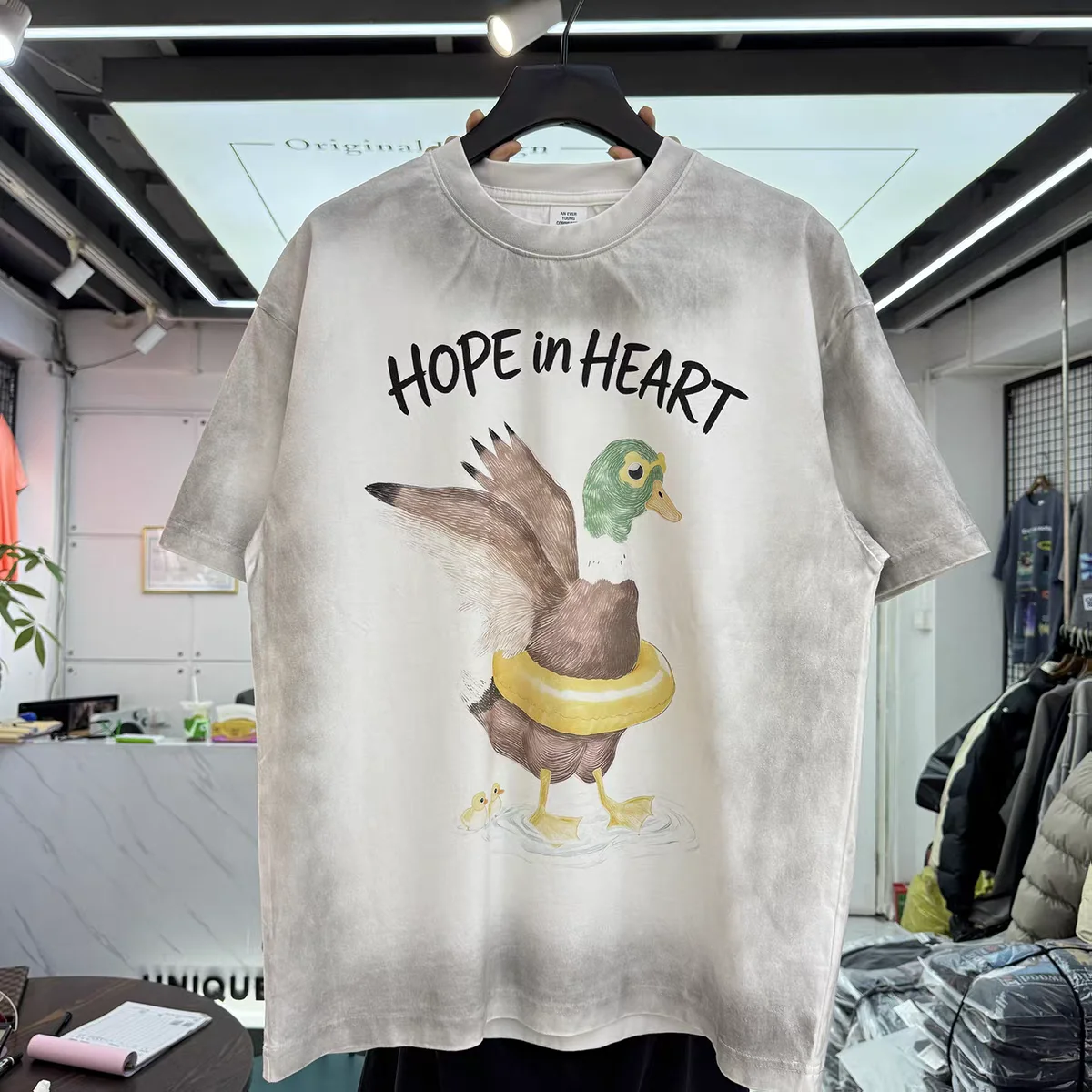 Nice Washed Tie-dyed HOPE IN HEART Cartoon Duck Print T-Shirt Men Women Best Quality Oversized Top T Shirt Tee