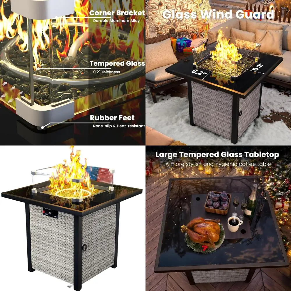 

Квадратный уличный газовый стол-костровище 28 дюймов с защитой от ветра из стекла, столешница из закаленного стекла, сертифицирован CSA, серо-белый