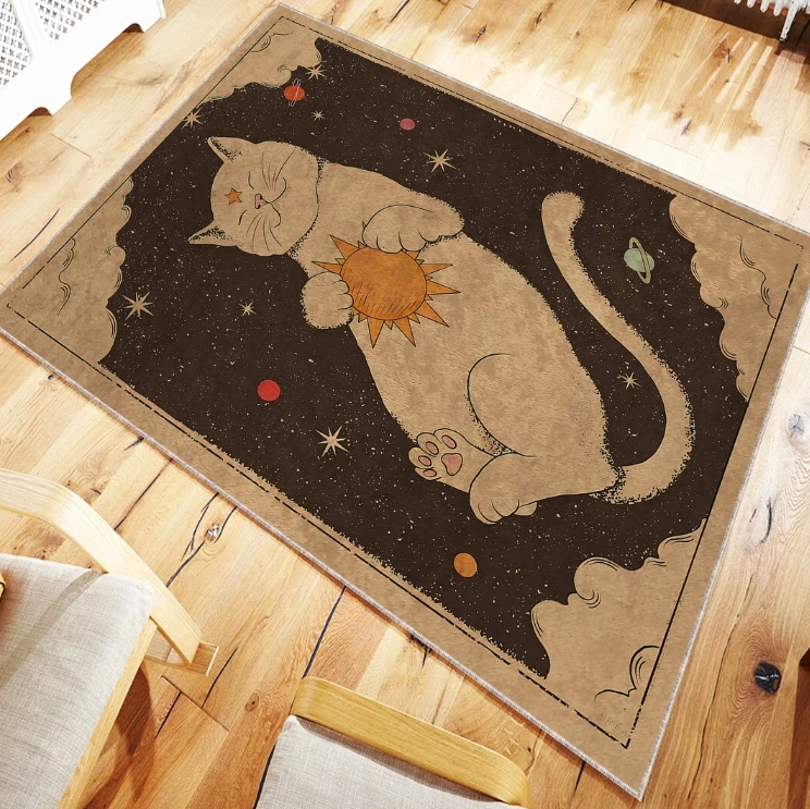 Sleepy Cat Carpet Black White Cat Carpet Illustration Oil Painting Style Cat Living Room Bedroom Carpet Door Mat Decoration Rug
