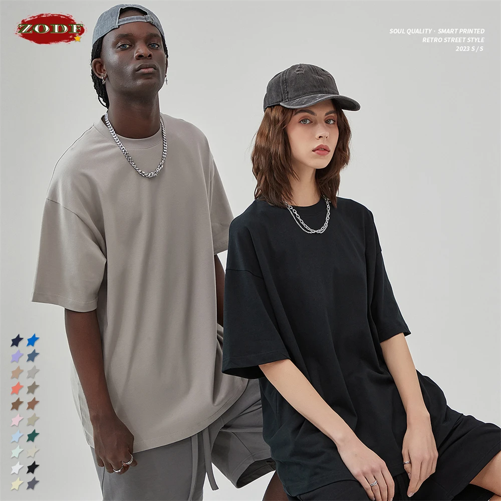 ZODF 2024 Spring Summer Men Solid 100% Cotton T-Shirts Unisex Women Loose 230gsm Noshrink Basic T Shirt Brand Tops HY0151