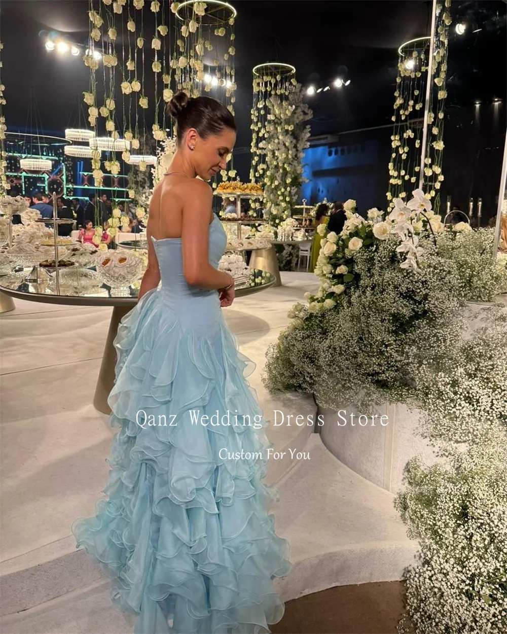 Qanz Graceful Organza Evening Dresses Strapless Ruffles Blue Vestido Formales Simples y Elegante Wedding Party Dress Customized