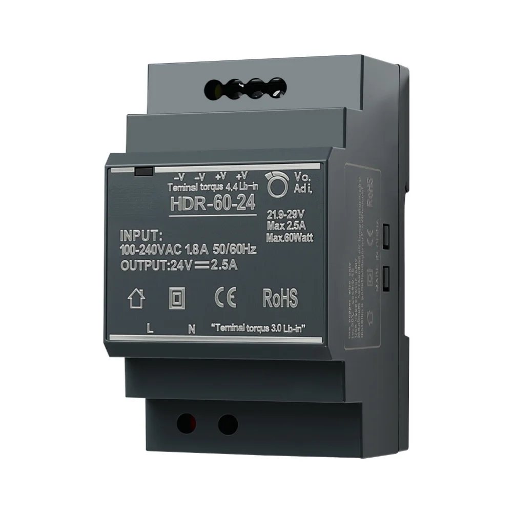 Dual Output DIN Rail Power Supply 60W 12VDC 5A 24VDC 2.5A Efficient Ventilated Design for Machinery and Conveyor Control Systems