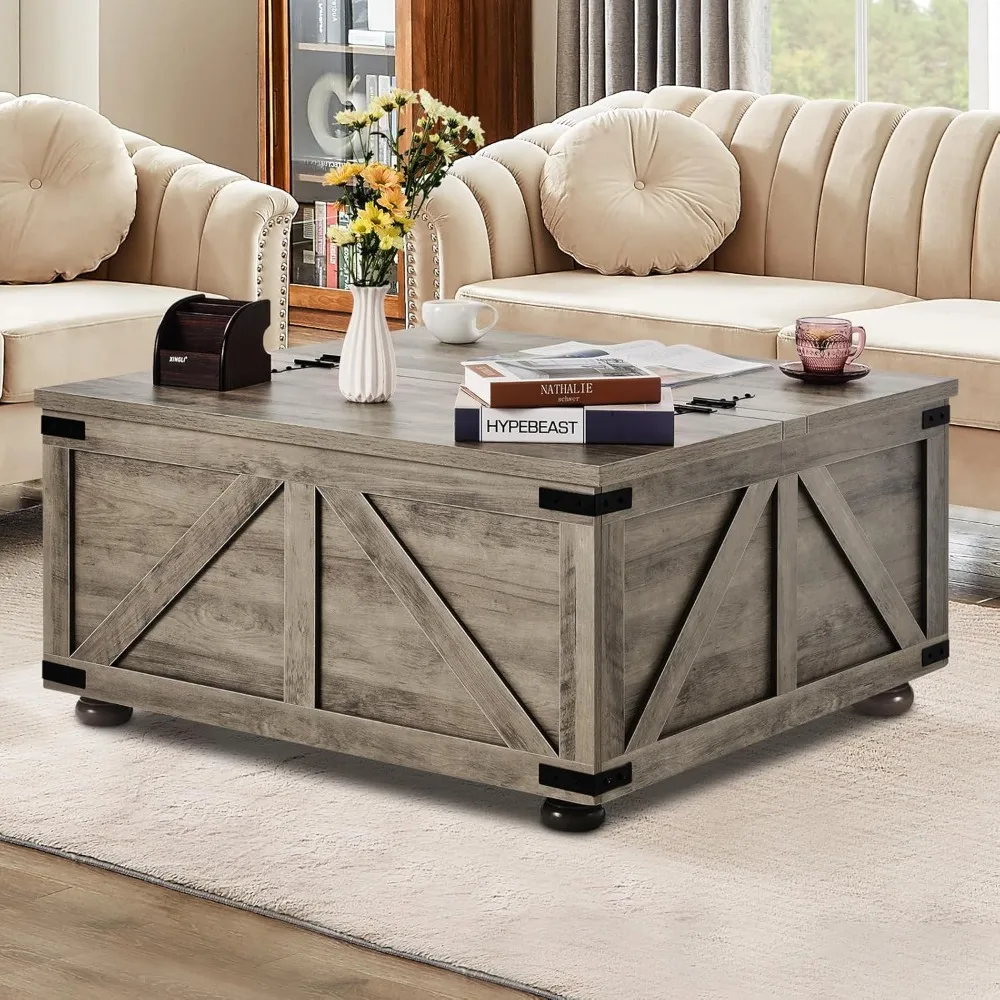 

Farmhouse-style Coffee Table, 36-inch Hinged Square Coffee Table, Wooden Country-style Cocktail Table,Customizable