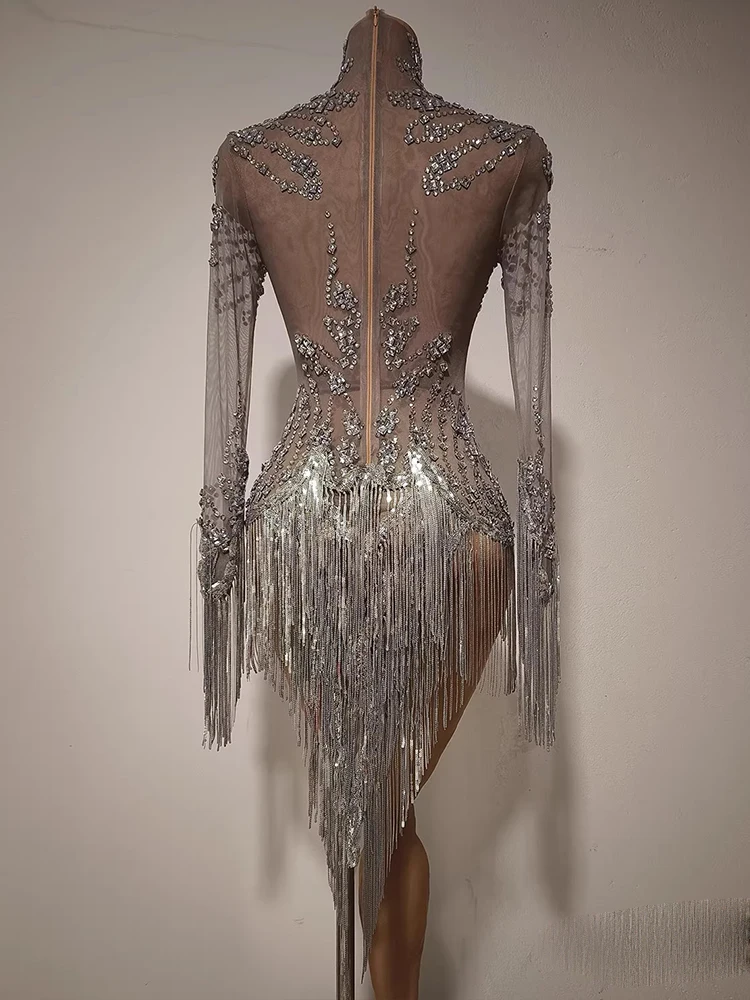 High Quality Rhinestone Tassel Sexy See Through Mesh Long Sleeved Jumpsuit 2025 New Fashion Custom Women'S Clothing