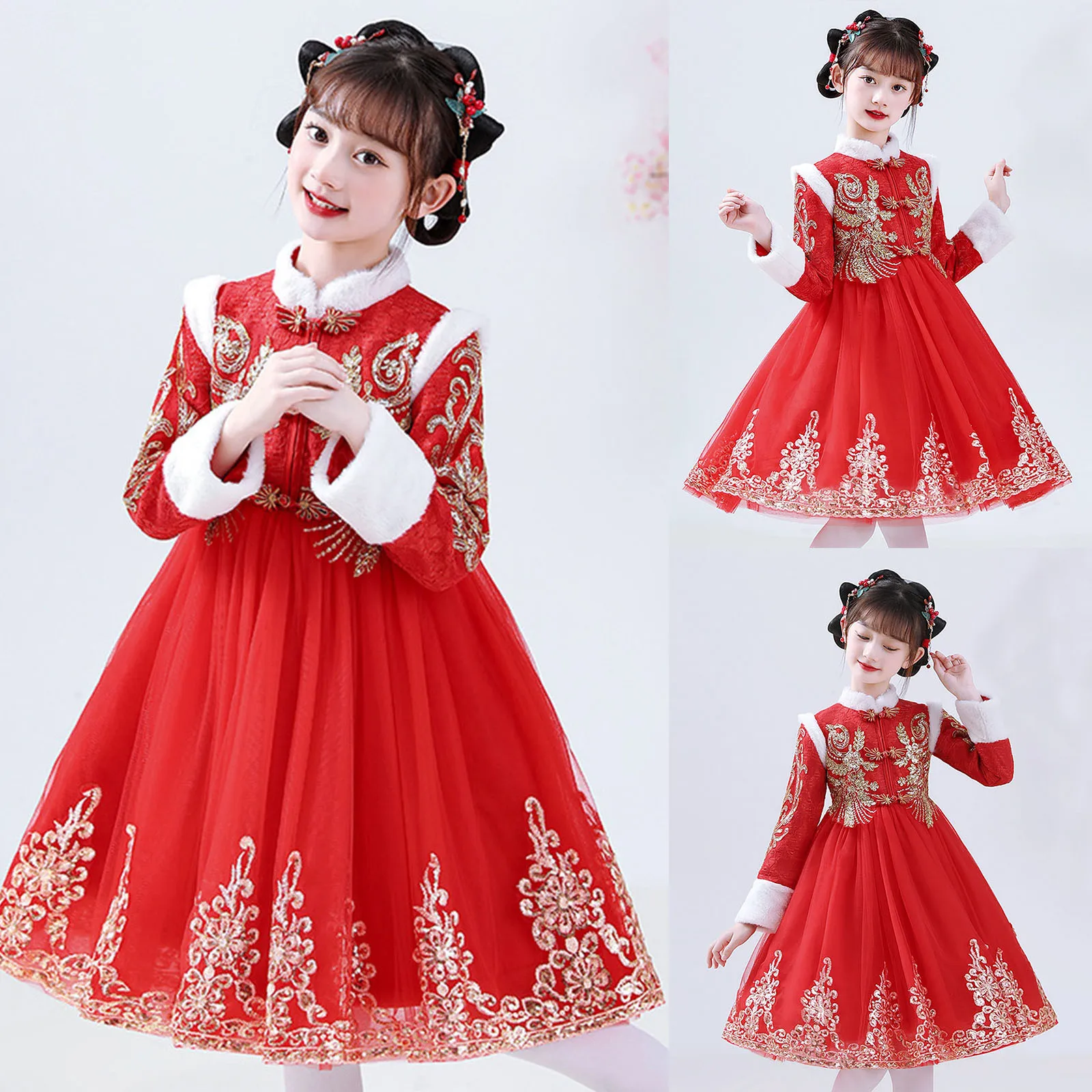 Girls' Hanfu New Year'S Clothing Children'S Warm Cheongsam Chinese Tang Suit Kid Winter Plus Velvet Cute Embroidery Party Dress