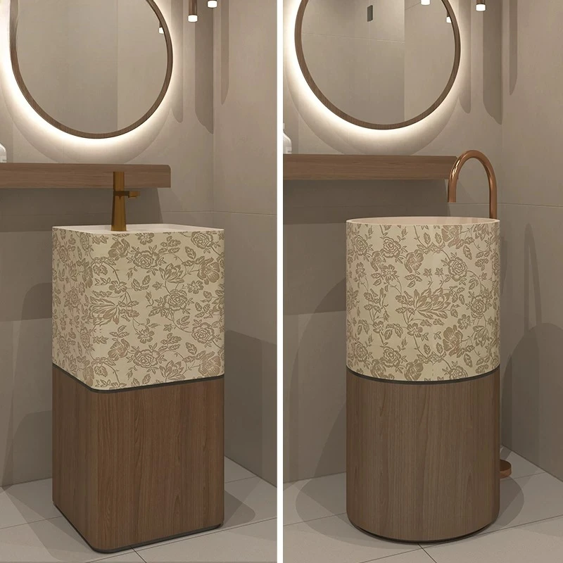 New Chinese Retro Style Wash Basin Square Round Integrated Floor Type Face Wash Table Wood Grain Pattern Art Column Basin
