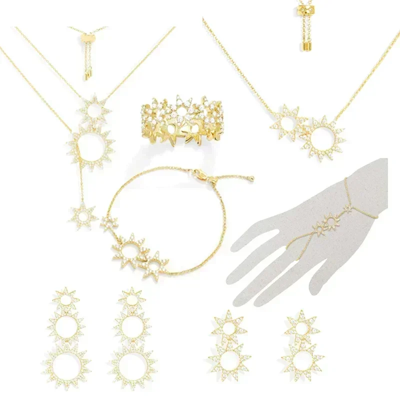 

RP Cool Wind Gear Sunflower Adjustable Necklace Backchain Earring Ring Fashion Versatile Women's Jewelry Gift
