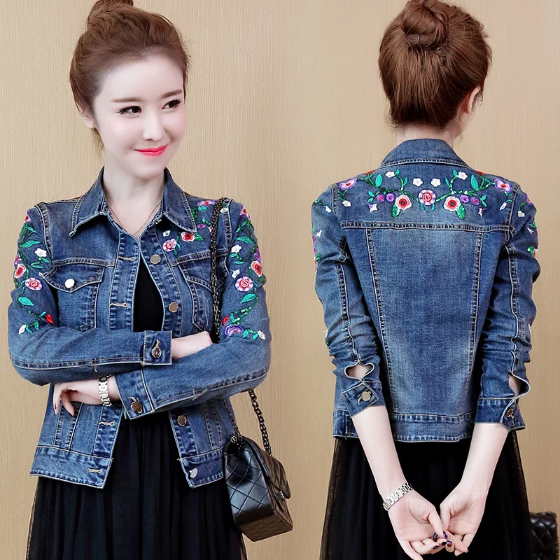 Embroidered Flower Denim Jacket 5XL Women\'s Short Coat 2023 Spring Autumn Vintage Slim Jeans Jacket Outwear Casual Female Tops