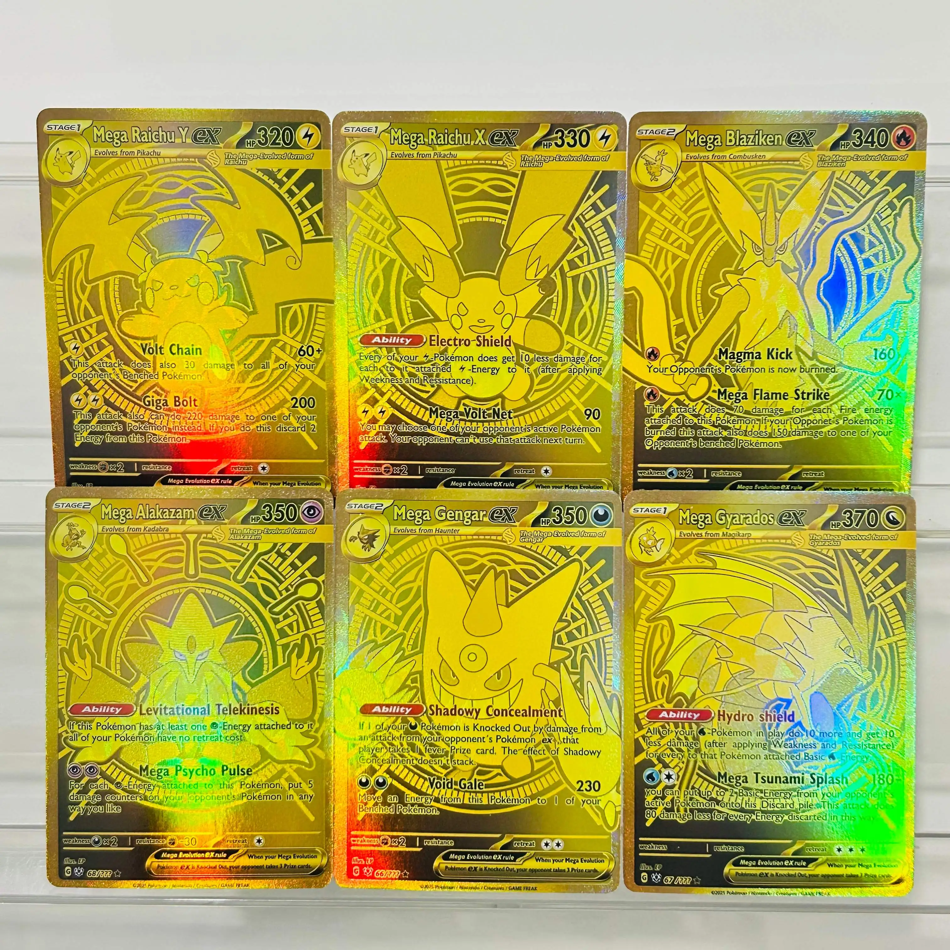 Cartas Holográficas de Textura em Folha DIY de Pokémon, 6 Peças Mega EX Raichu Blaziken Alakazam Gengar Gyarados, Cartas de Coleção Premium de Anime