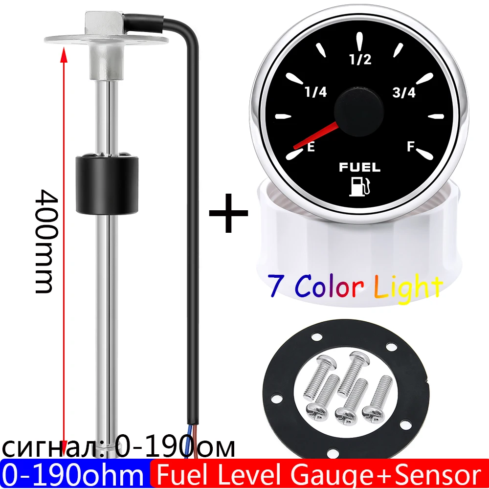 7 kleuren licht 2 "52 mm brandstofniveaumeter + brandstofvlotterniveausensor 0-190 Ohm voor Marine RV Camper auto olietank niveau-indicator 9-32 V