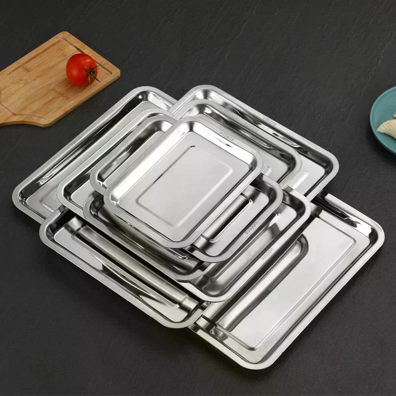 Stainless Steel Barbecue Tea Storage Serving Trays Rectangle Steamed Rice Sausage Plate Grill Meat Restaurant Metal Utensils 1PC