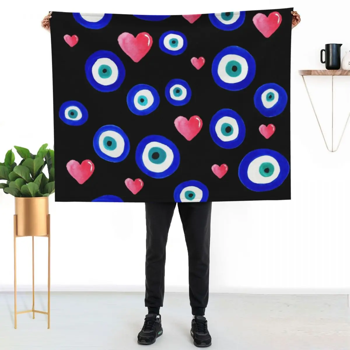 

Scattered Evil Eyes & Hearts on black Throw Blanket Stylish Decor Blanket Gift for Friends Roommate