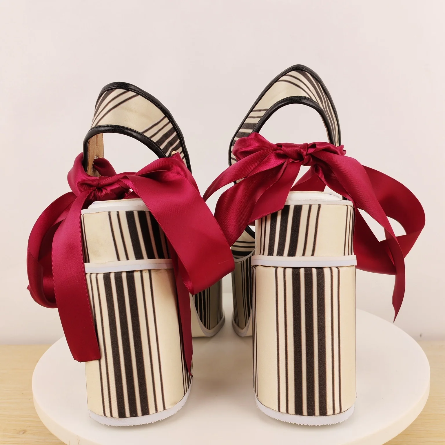 Women's Striped Canvas Chunky Heel Platform Sandals Red Satin Bow & Ankle Tie for Retro Lolita & Unique Fashion Statements view 3