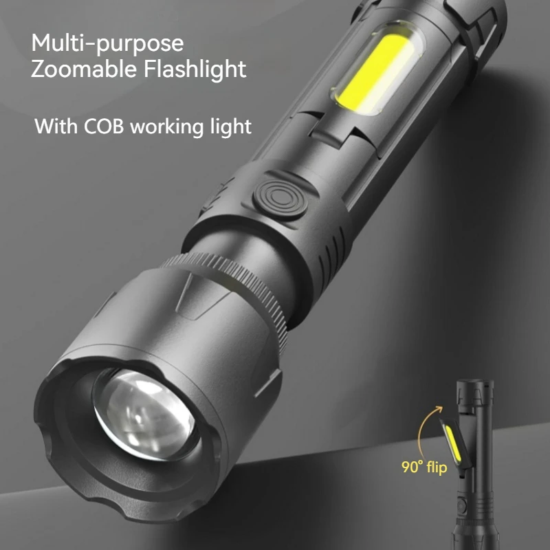 USB ชาร์จไฟฉาย LED Zoomable EDC ไฟฉาย COB ด้านข้างทํางานโคมไฟกันน้ําไฟฉุกเฉินกลางแจ้ง