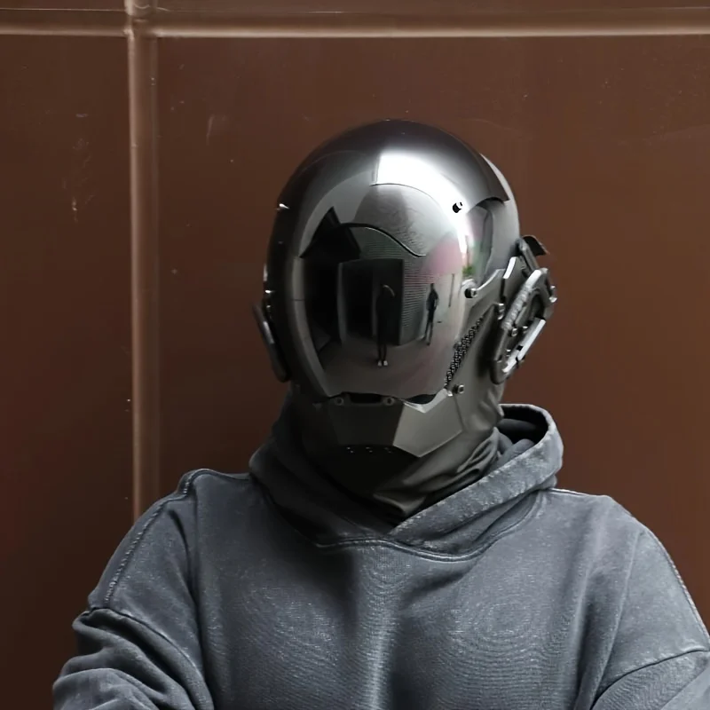 قناع سايبربانك الأسود التنكري للهالوين، أنيق وميكانيكي، مثالي لقتال CS في الحياة الحقيقية.