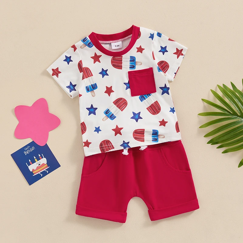 Lioraitiin ToddlerBaby Boy 4th of July Outfits Star Popsicle Print Short Sleeve Tops + Elastic Waist Shorts Independence Day Set