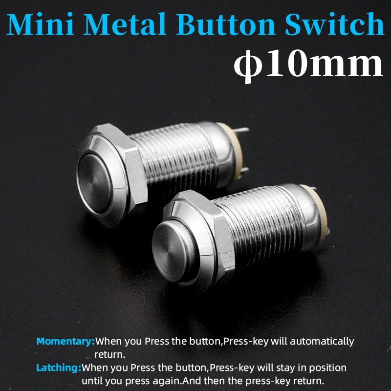 1pc 10MM 2pin Panel Hole Metal Push Button Switch Latching Power Push Button High Head Self Locking/ Reset Soldering IP67 1NO