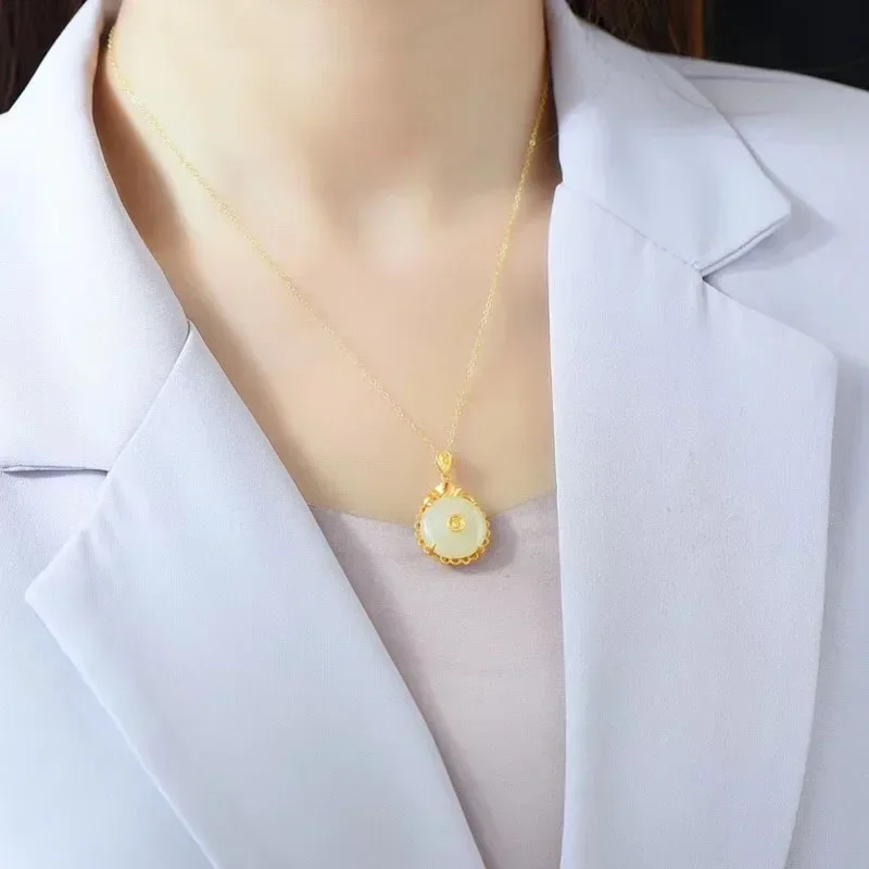 Joyería de oro macizo de 14 quilates, collar con colgante de piedras preciosas de Jade Natural y Esmeralda para mujer, bisutería femenina, Collares Joyas, collar de topacio