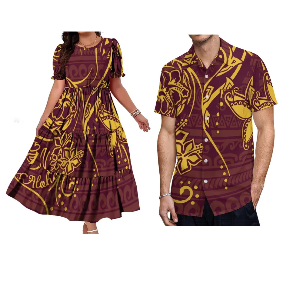 

Полинезийское высококачественное платье для пар с индивидуальным узором, круглым вырезом, рукавами-баллон и приталенной талией, женское, для взрослых, фасон «кейк»