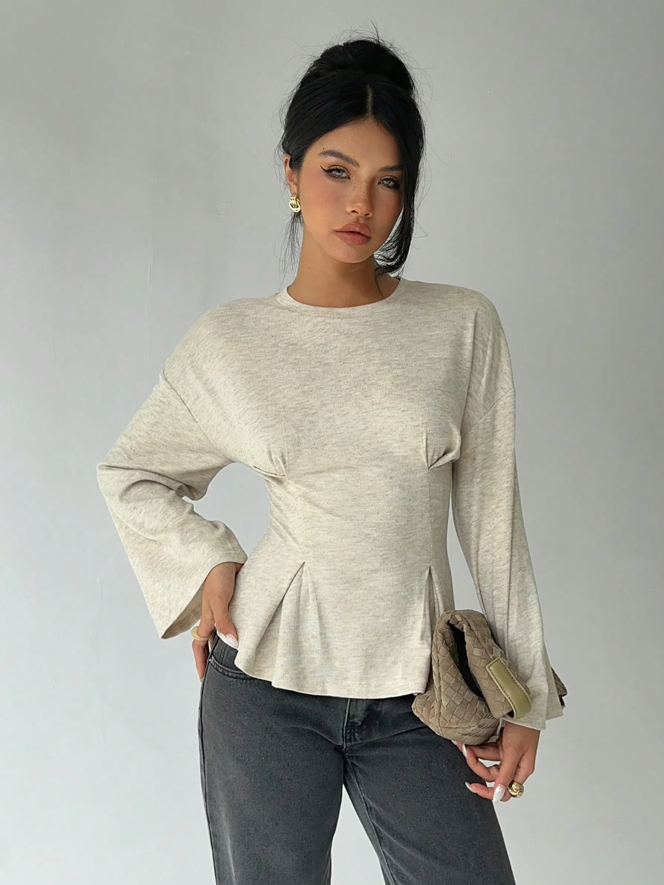 여성용 캐주얼 라운드넥 플리츠 티셔츠, 단색 티셔츠, 일상 출퇴근 및 홈웨어에 적합, 긴 소매 니트