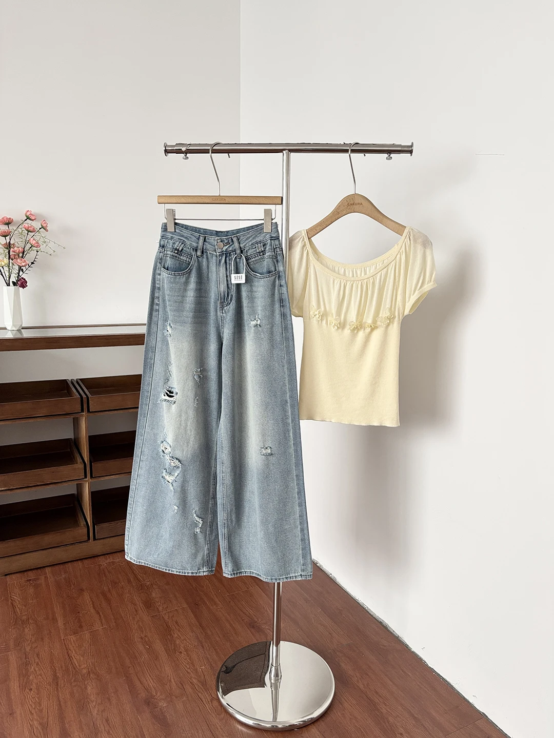 

American Style High Waist Distressed Denim Jeans Women's Versatile Straight Leg Pants Summer New Arrival Vintage Personality