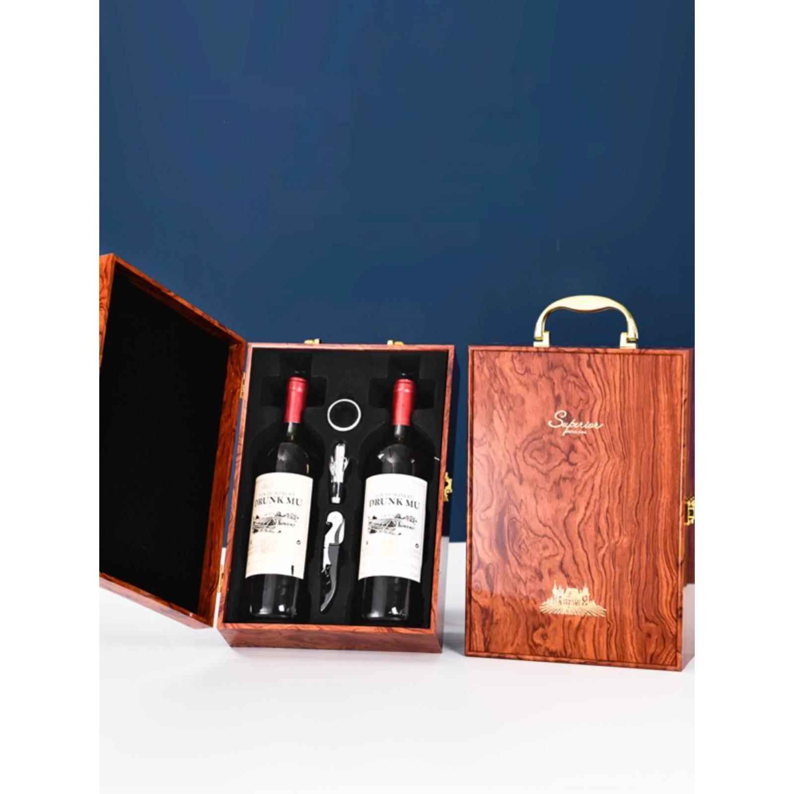 

Double-Bottle Wide Box Piano Baking Paint Red Wine Gift Box Open Window Red Wine Paaging Box Wine Storage And Display