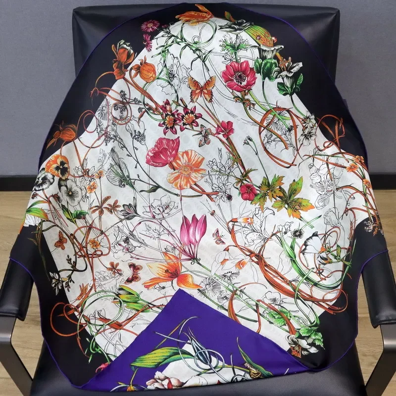 High-end Elegant Women Fine Floral Branch Vine Double-sided Print Quality 18MM Twill Silk Hand Rolled Edge Square Scarf Shawl