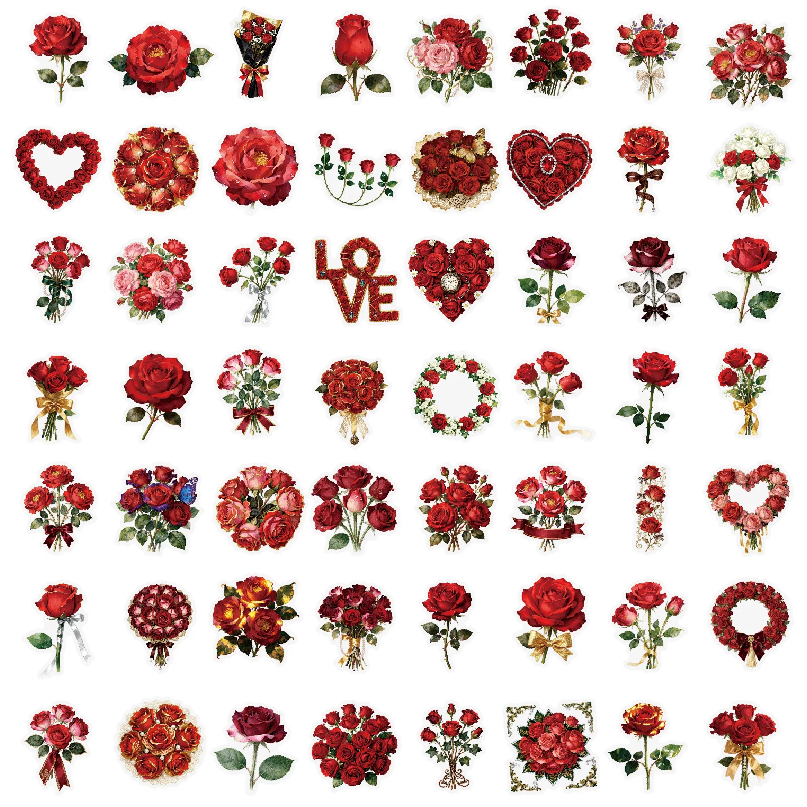 56PCS Retro Red Rose Transparent Graffiti Stickers Beautiful Flowers Cartoon Decal DIY Luggage  Phone Guitar Classic Kid Toys
