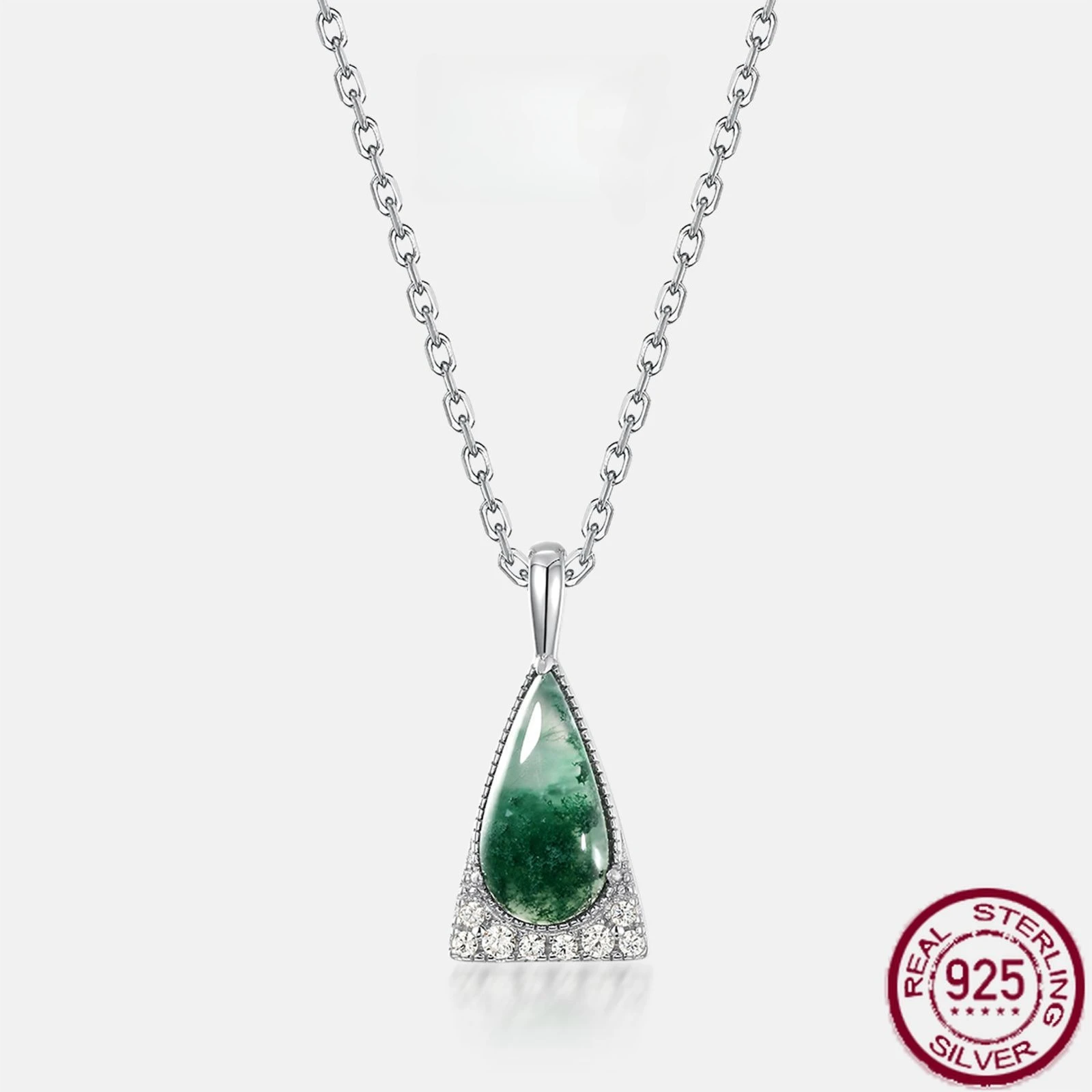 

New S925 Pure Silver Waterdrop Grass Agate Green Moss Stone Necklace Light Luxury Simple Versatile Wedding Jewelry